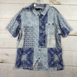 Lost Shirt Mens L Blue Patchwork Denim Look Rayon/Linen Hawaiian Button Up